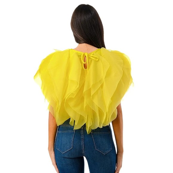 Yellow Ruffle Tulle Crop Top Blouse – Statement Organza Top - Picture 6 of 9